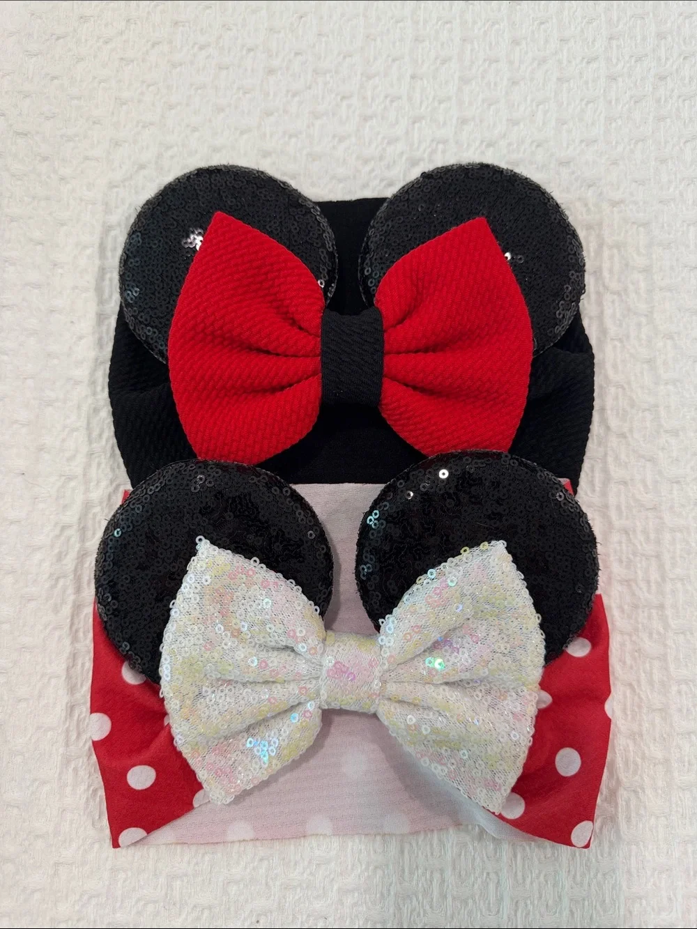 Sequin Minnie Ear Headbands with Bows - Black, Red, White
